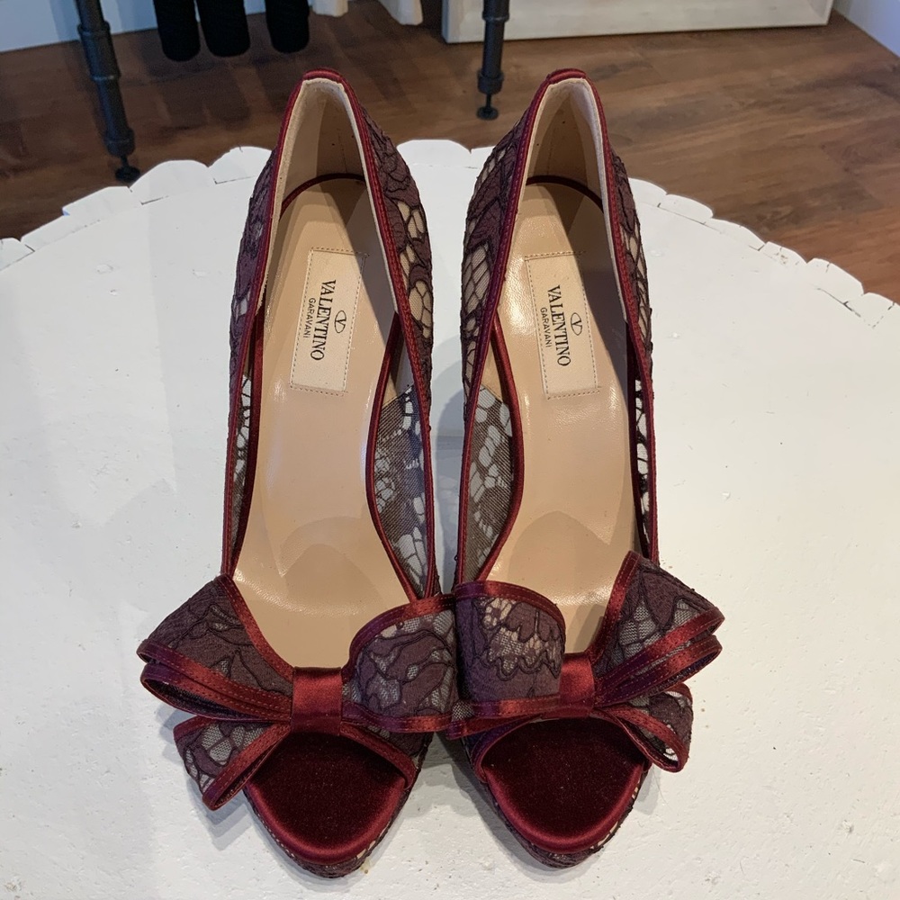 Valentino Wine Lace Bow Pumps